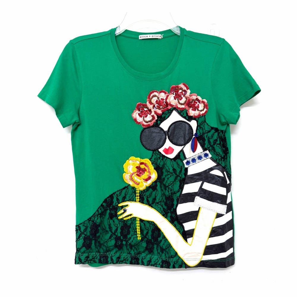 Alice + Olivia Embellished Stace Face Print T Shirt Tee Green Floral Lace S
